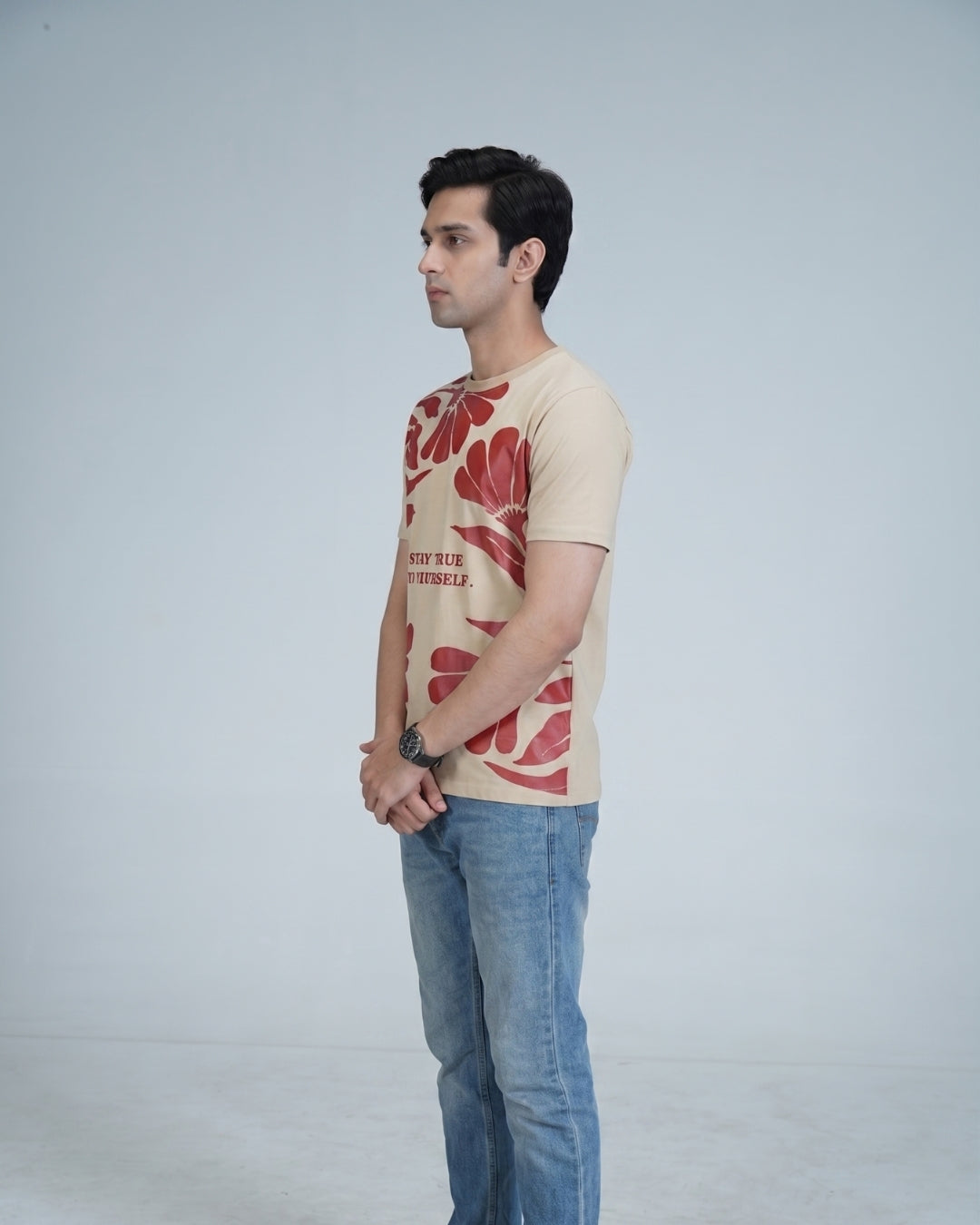 Premium Light Beige Round neck tshirt with water print