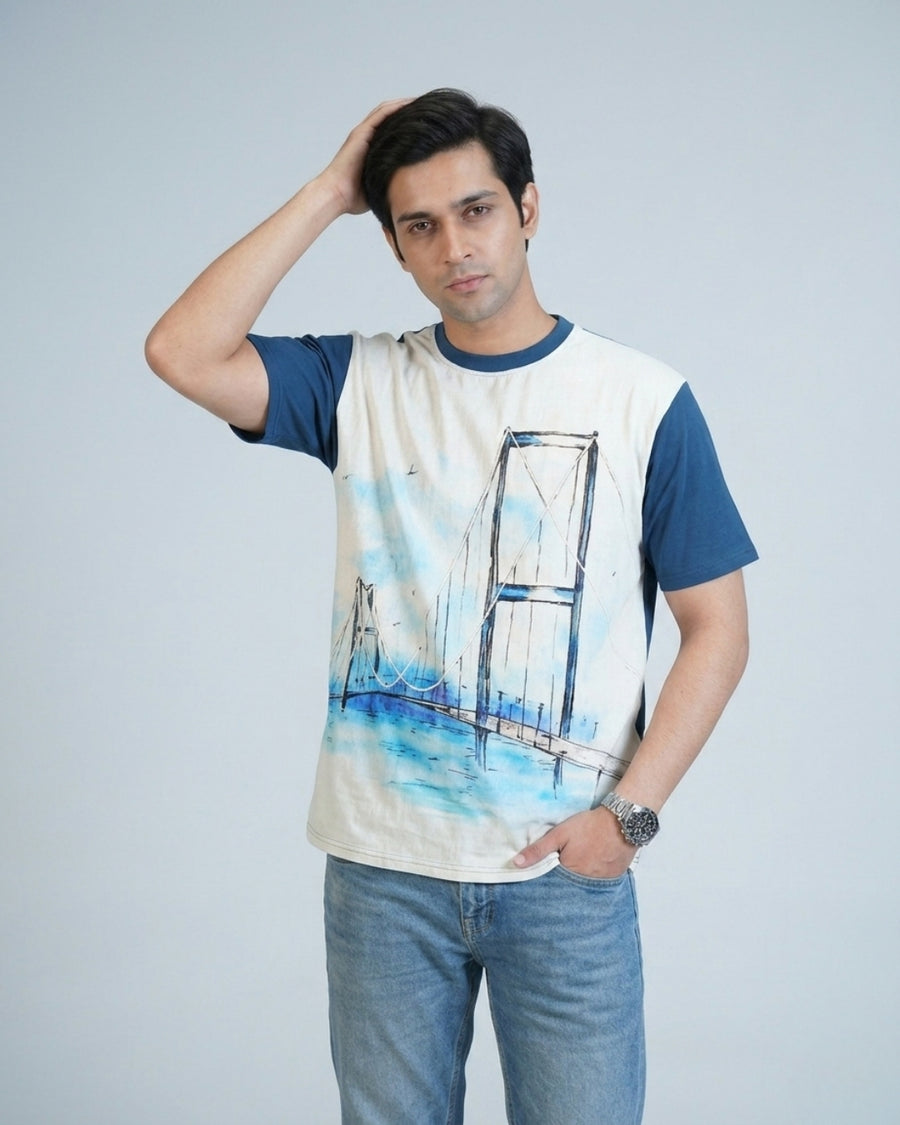 organic Blue Hemp Bridge View tshirt with DTG print & with hand dori work