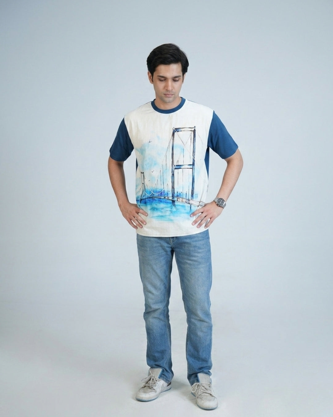 organic Blue Hemp Bridge View tshirt with DTG print & with hand dori work