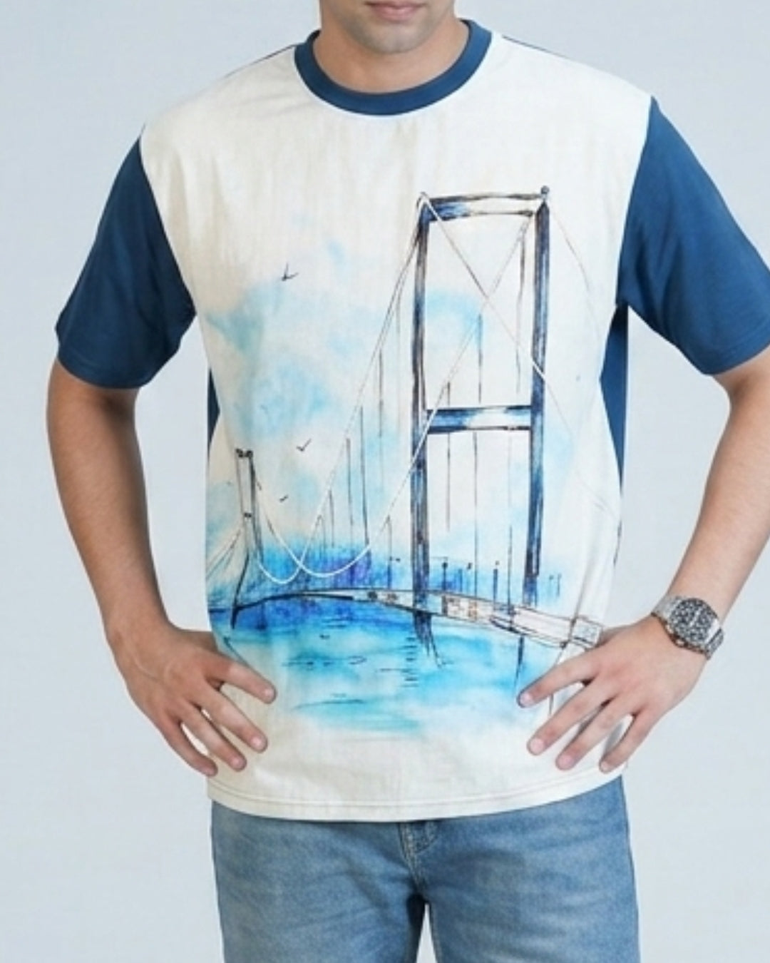 organic Blue Hemp Bridge View tshirt with DTG print & with hand dori work