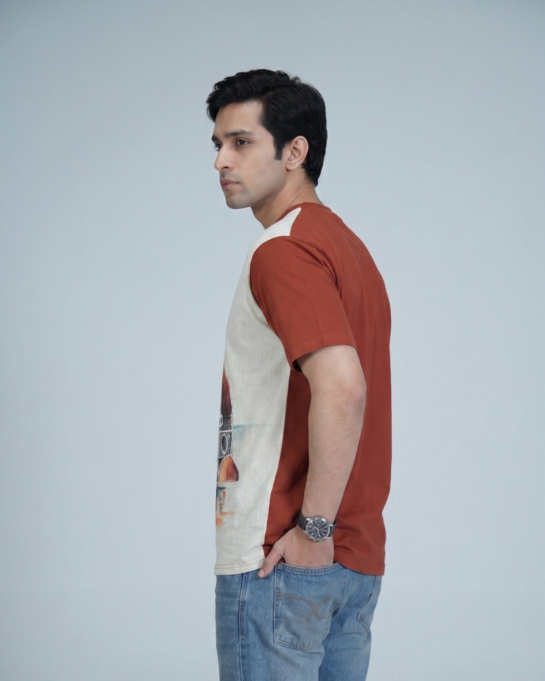 organic Rust Brown Hemp Heritage Site View tshirt with DTG print & with hand dori work