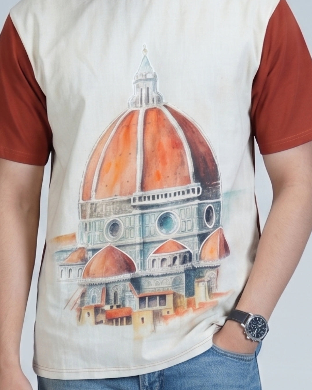organic Rust Brown Hemp Heritage Site View tshirt with DTG print & with hand dori work