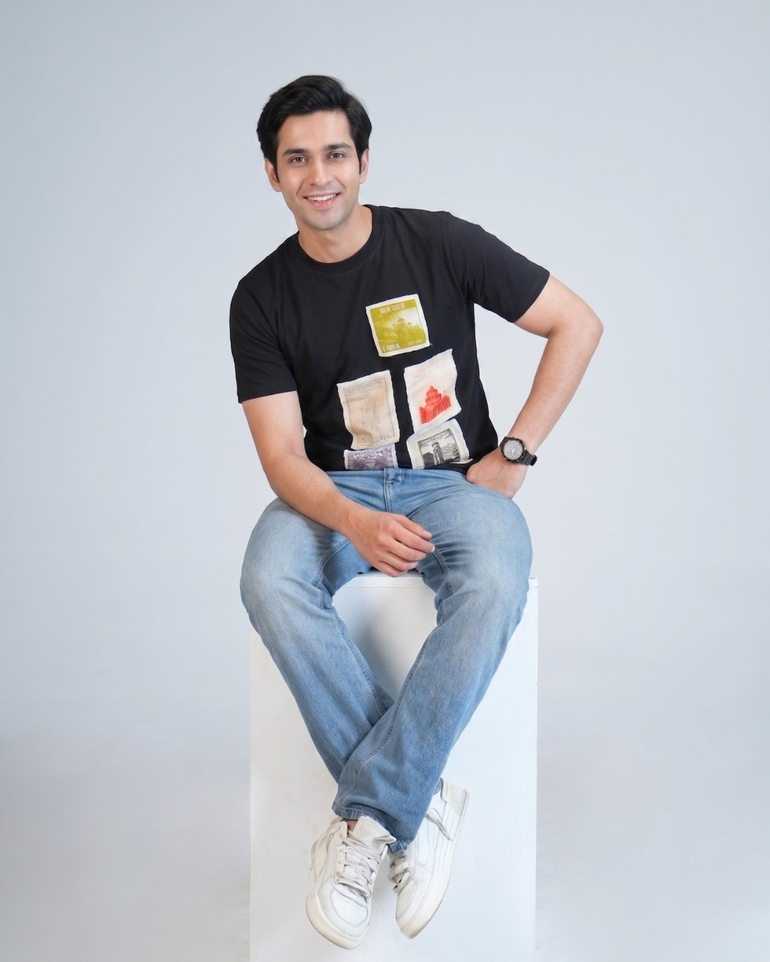 Premium Black Round neck Indian Stamps tshirt with fabric patching