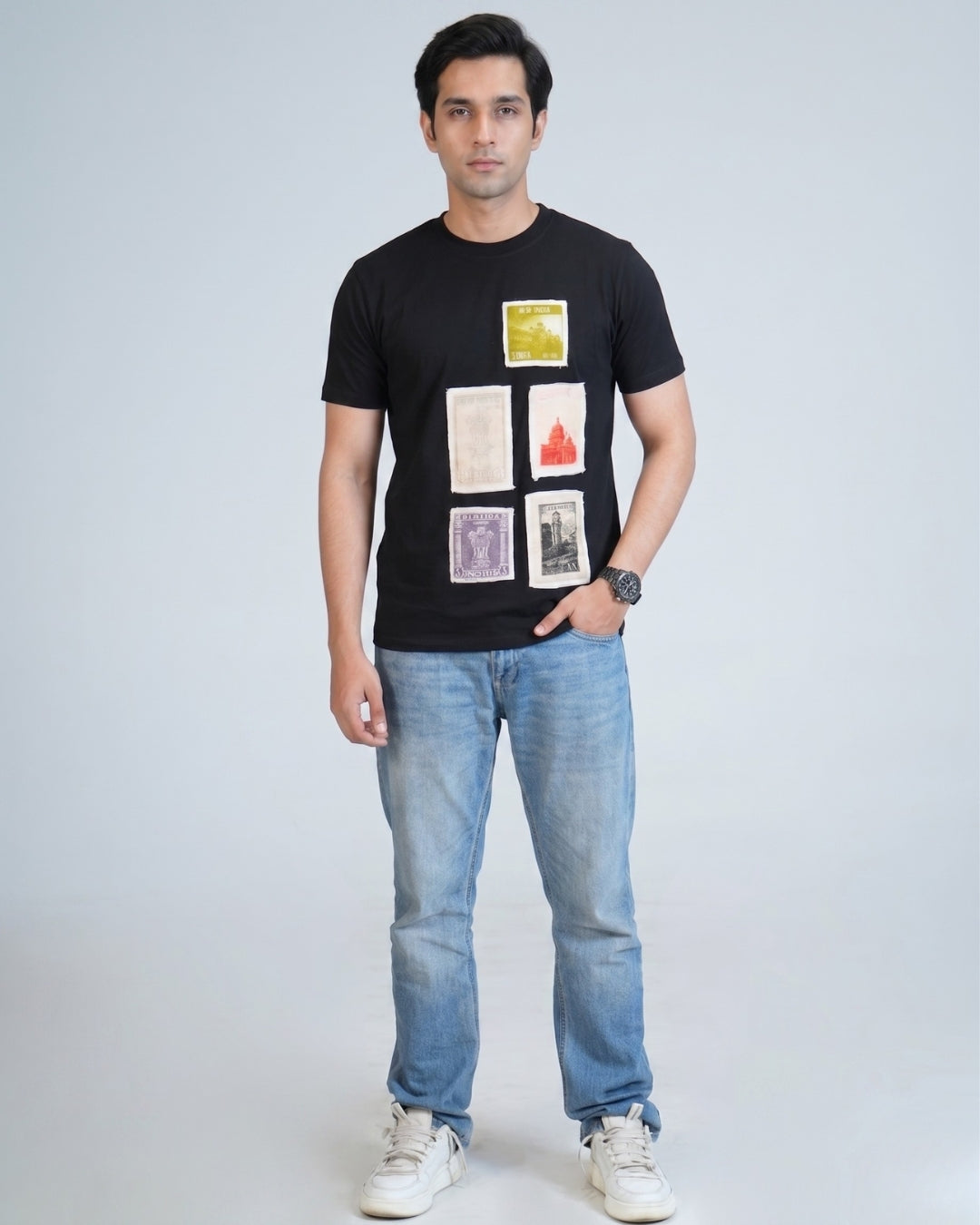 Premium Black Round neck Indian Stamps tshirt with fabric patching