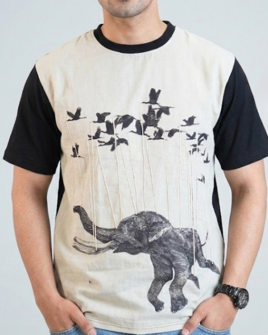 organic Black Hemp Flying Elephant tshirt with DTG print & with hand dori work
