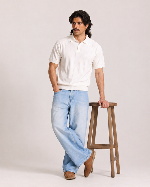 Premium Ivory Jacquard Knit Polo T-Shirt for Men