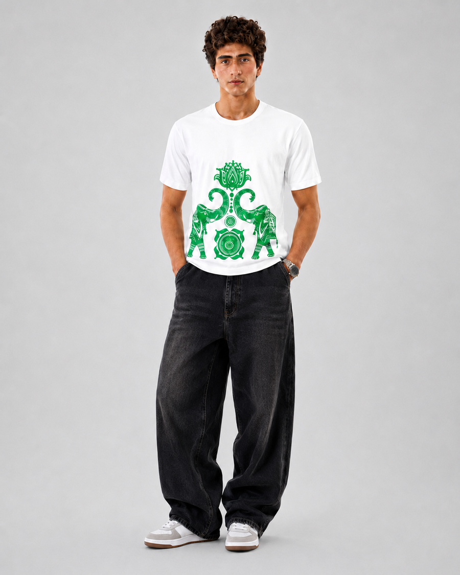 White Elephant Print Cotton T-Shirt for Men