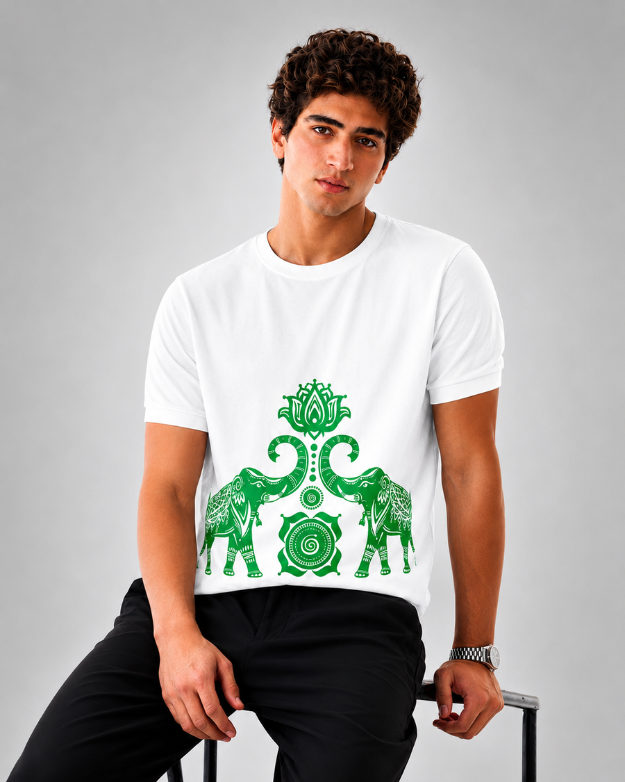 White Elephant Print Cotton T-Shirt for Men