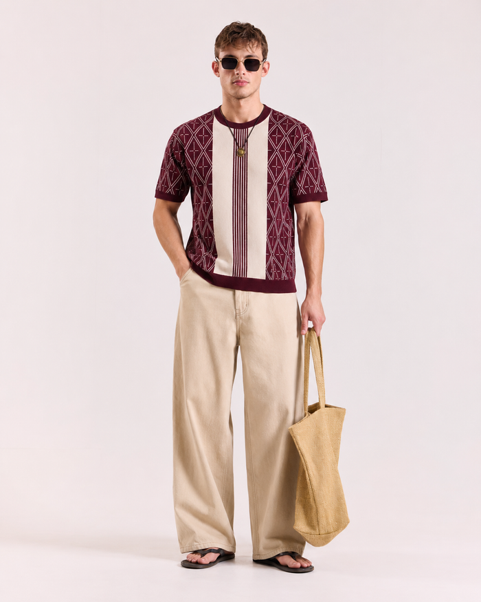 Maroon Old Money Jacquard Knit T-Shirt for Men