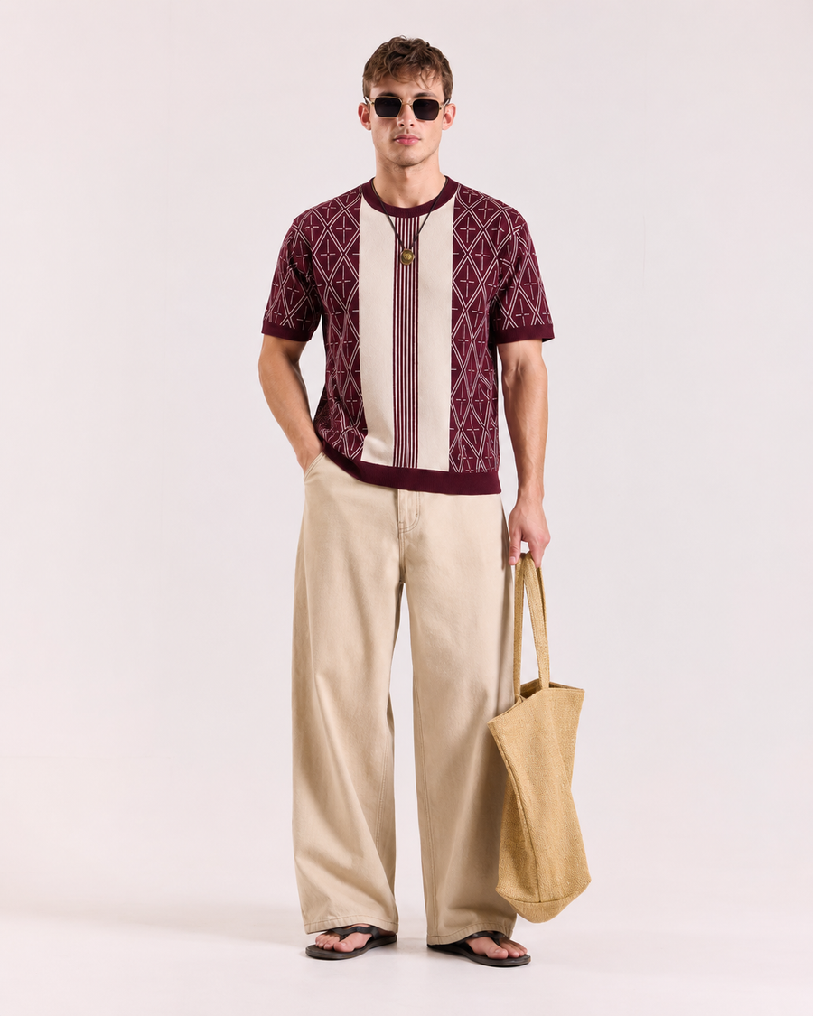 Maroon Old Money Jacquard Knit T-Shirt for Men