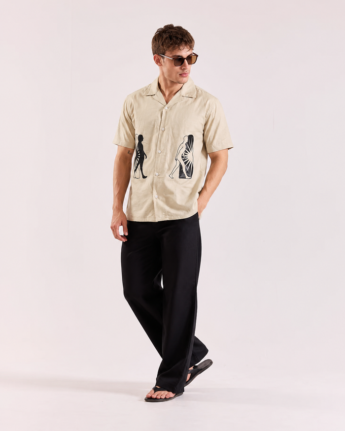 Cream Bird Print Cuban Collar Shirt for Men