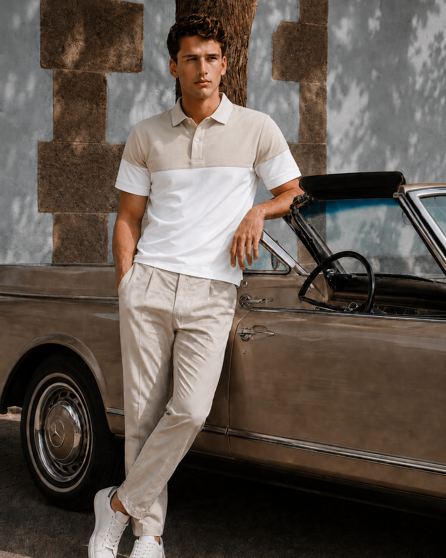 White Beige Contrast Polo T-Shirt for Men