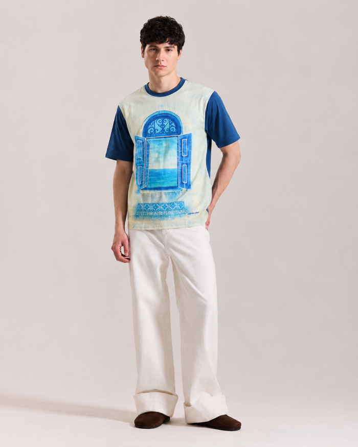 White and Blue  Window Print Oversized T-Shirt for Men