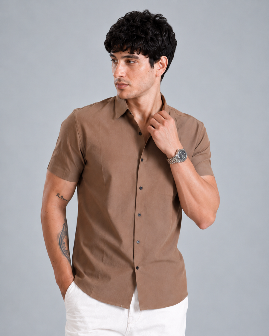 Coffee Brown Half Sleeve Wrinkle Shirt for Men