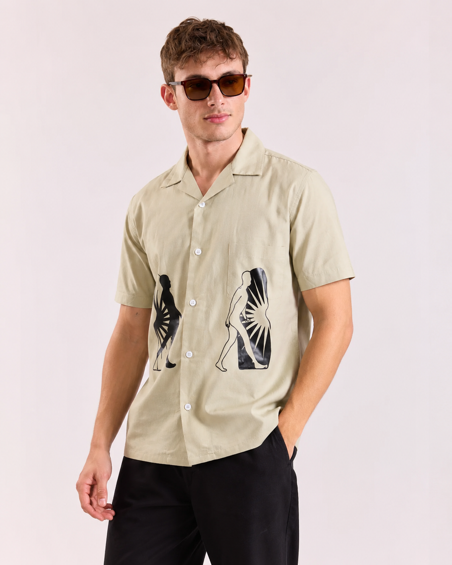 Cream Bird Print Cuban Collar Shirt for Men