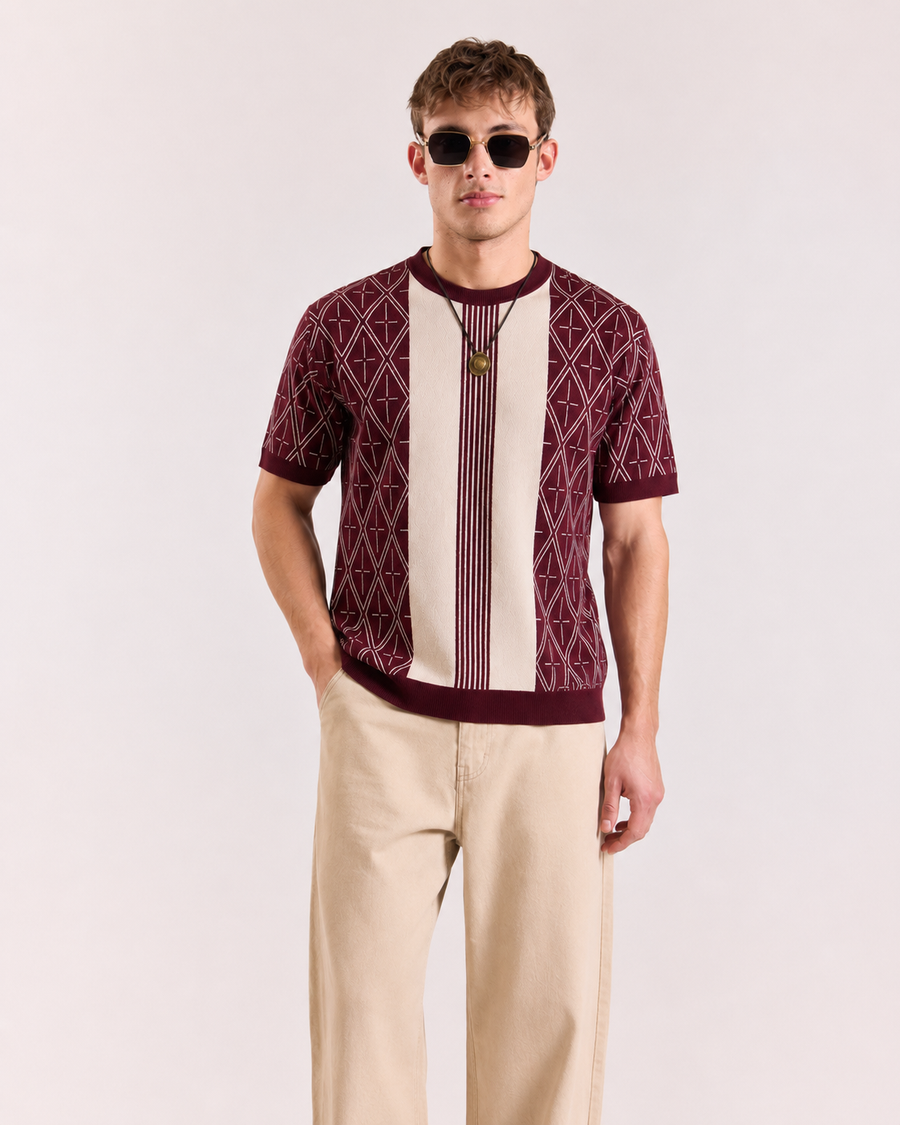 Maroon Old Money Jacquard Knit T-Shirt for Men