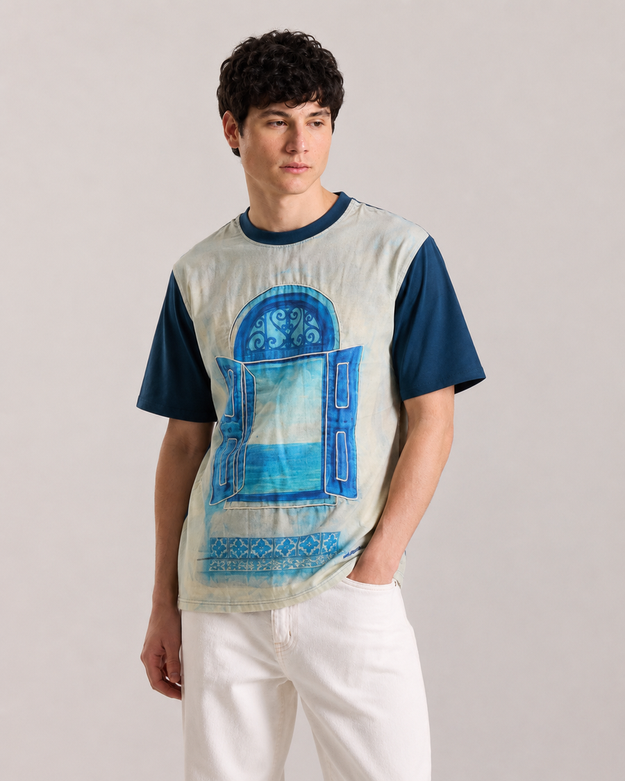 White and Blue  Window Print Oversized T-Shirt for Men