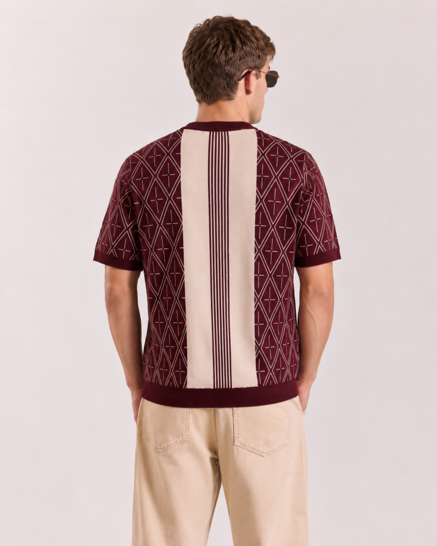 Maroon Old Money Jacquard Knit T-Shirt for Men