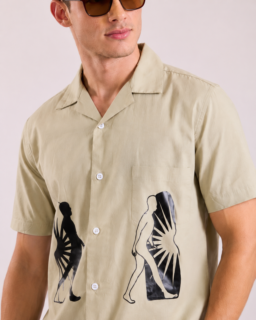 Cream Bird Print Cuban Collar Shirt for Men