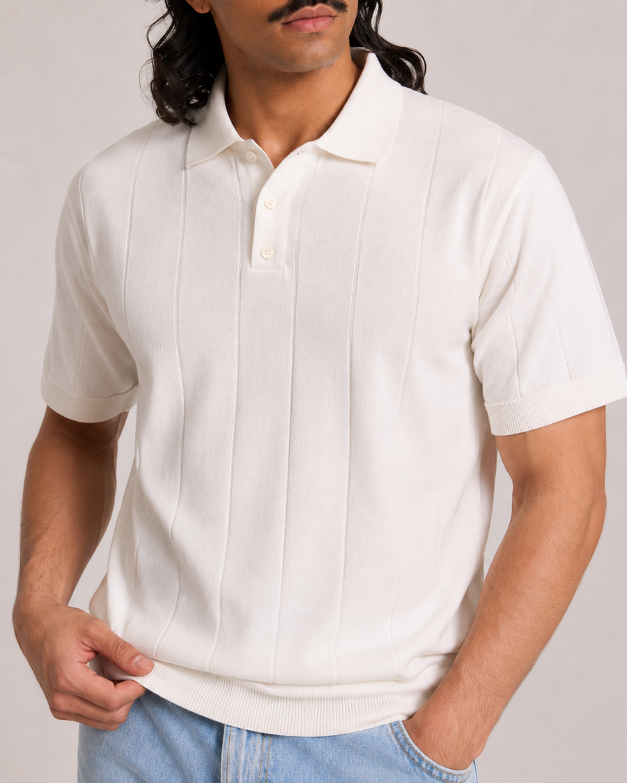 Premium Ivory Jacquard Knit Polo T-Shirt for Men