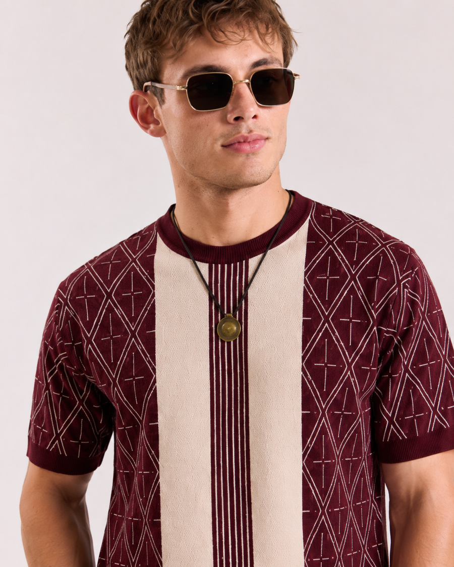 Maroon Old Money Jacquard Knit T-Shirt for Men