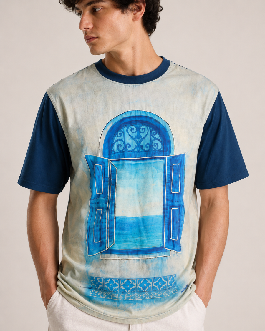 White and Blue  Window Print Oversized T-Shirt for Men