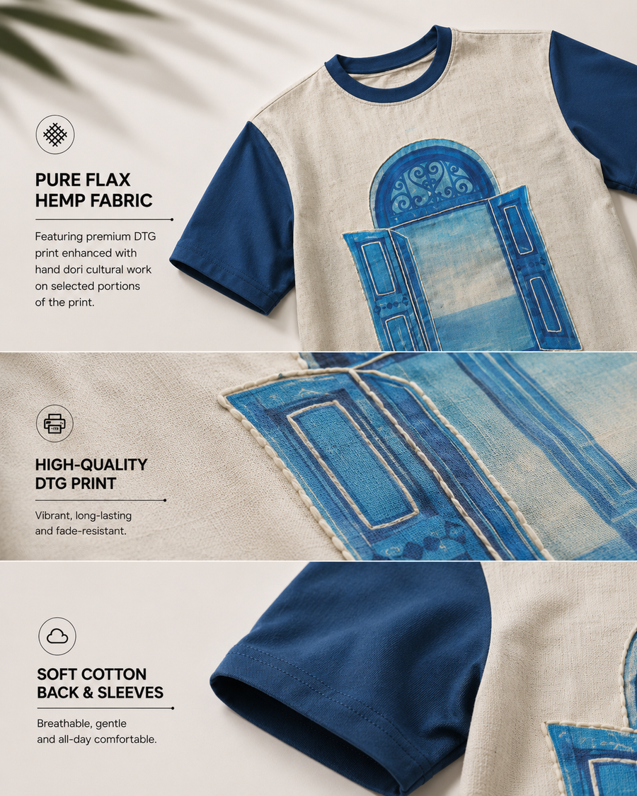 White and Blue  Window Print Oversized T-Shirt for Men
