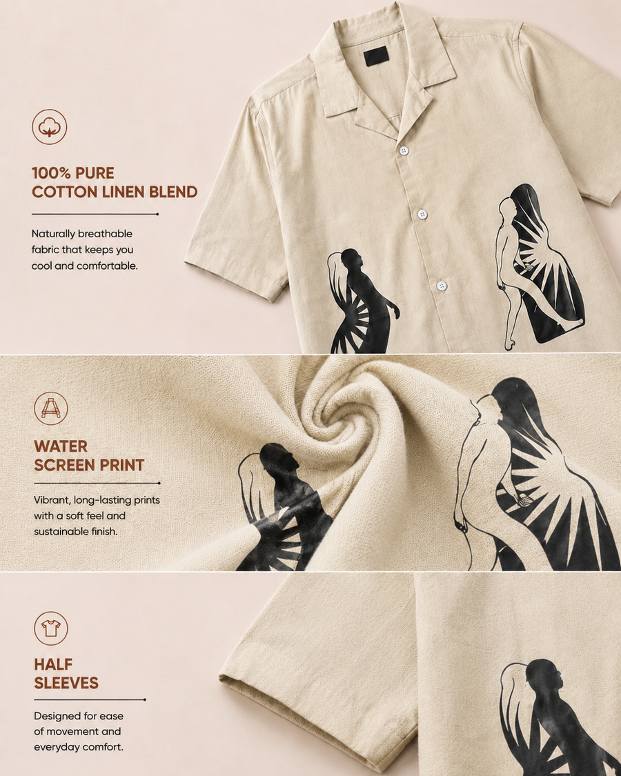 Cream Bird Print Cuban Collar Shirt for Men