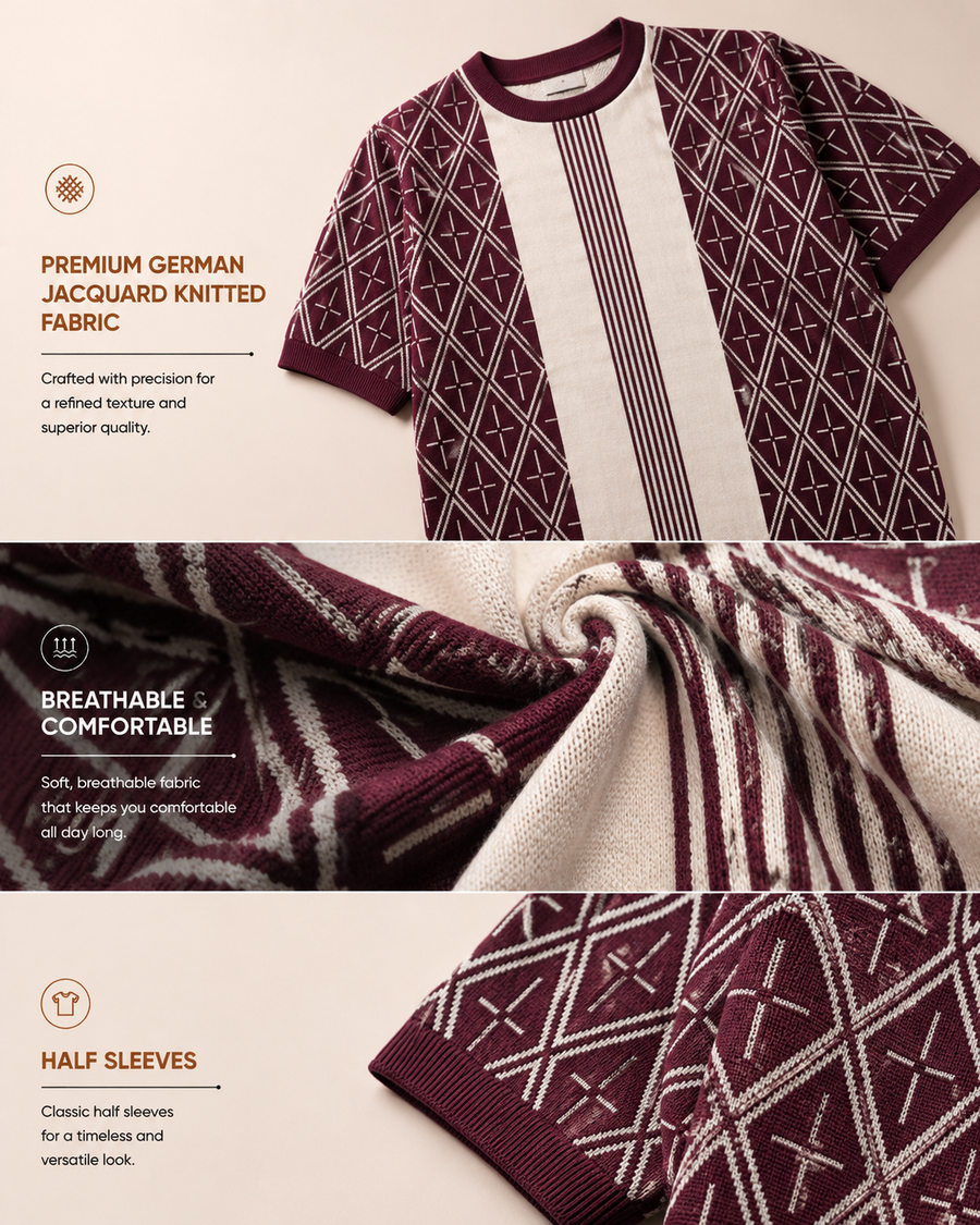 Maroon Old Money Jacquard Knit T-Shirt for Men