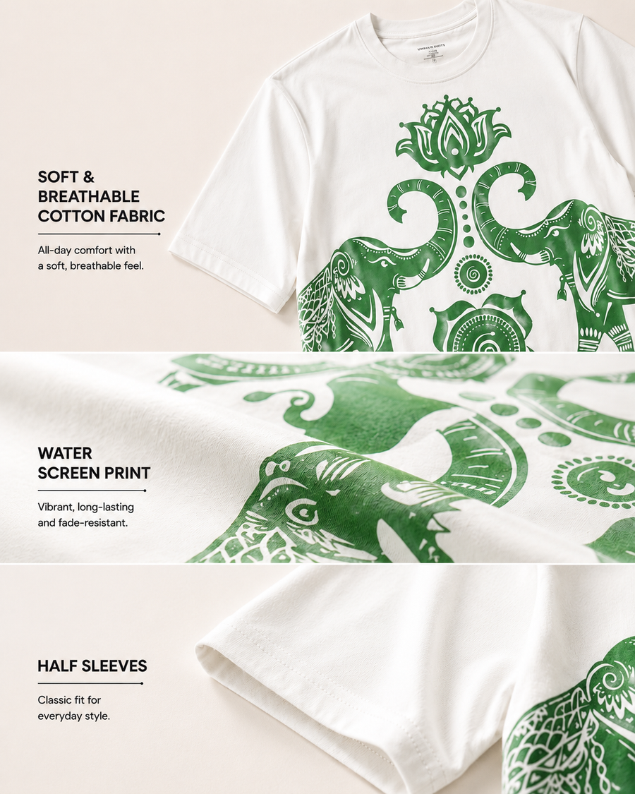White Elephant Print Cotton T-Shirt for Men