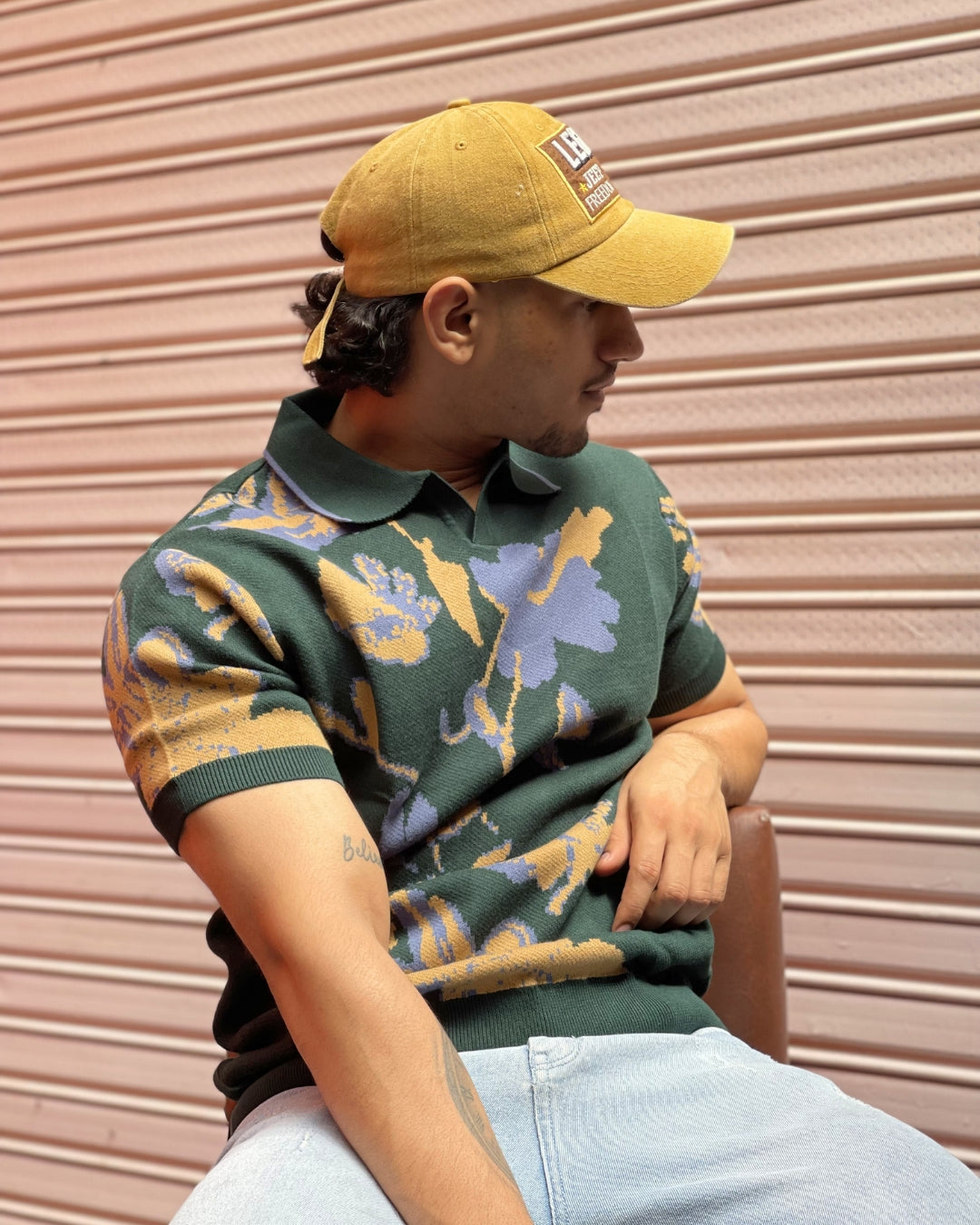 German Jacquard knitted premium heavy quality luxury wear contrast design Dark Green t-shirt