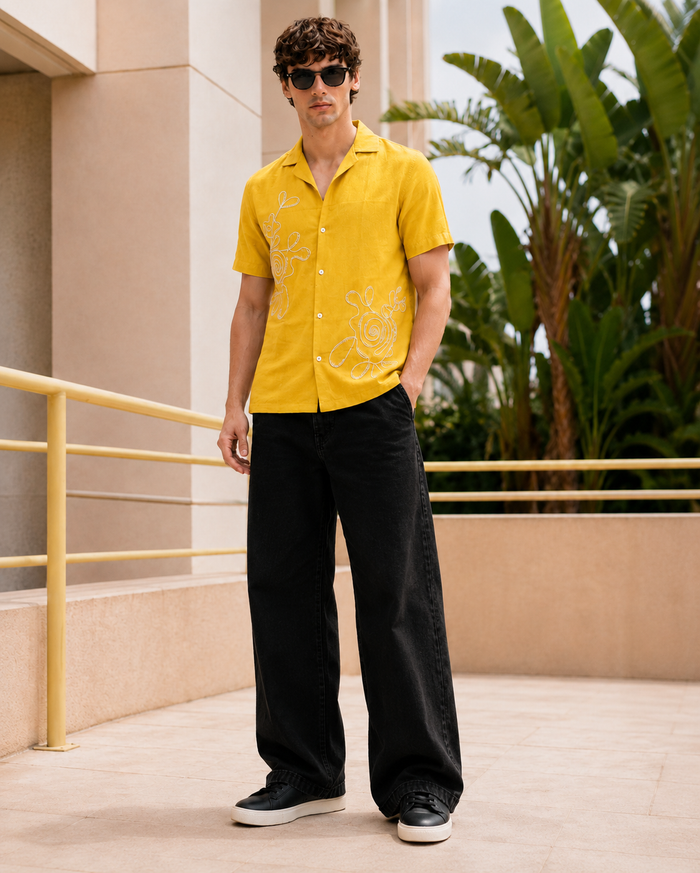 Mustard Cuban Collar Yellow Shirt for Men