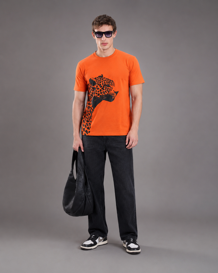 Orange Graphic Cotton T-Shirt for Men
