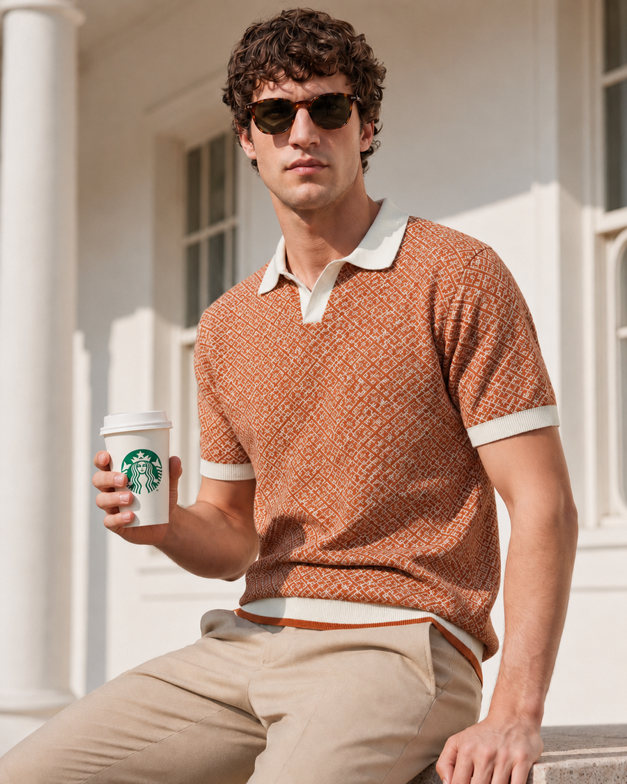 Rust Brown Jacquard Polo T-Shirt for Men