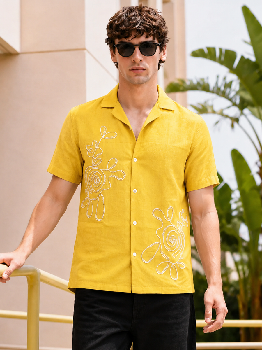 Mustard Cuban Collar Yellow Shirt for Men