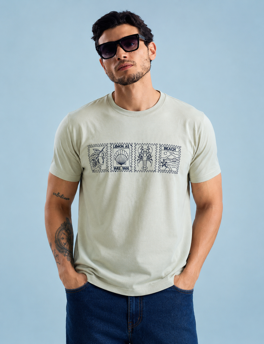 Slumber Beige Round Neck T-Shirt for Men