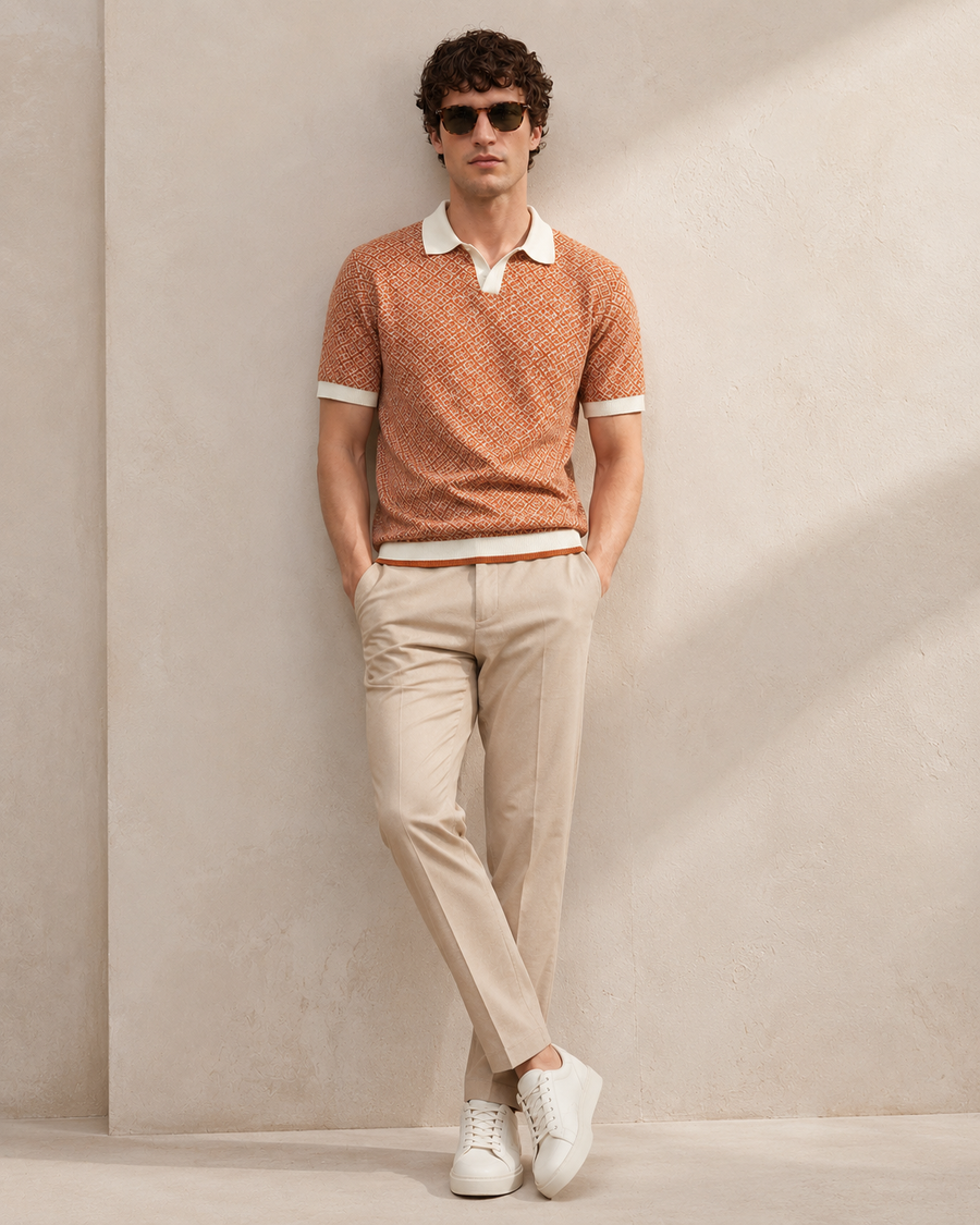 Rust Brown Jacquard Polo T-Shirt for Men