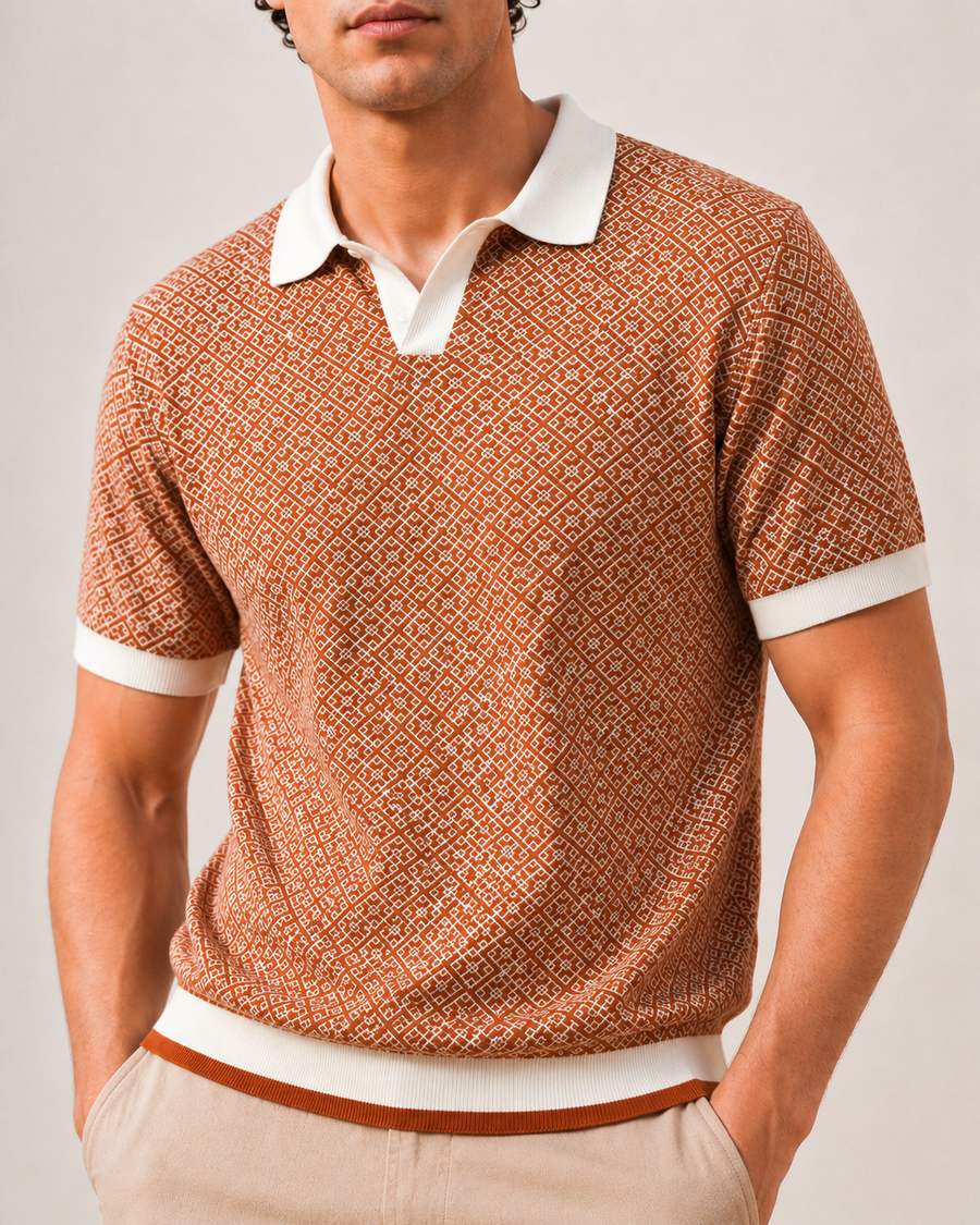 Rust Brown Jacquard Polo T-Shirt for Men