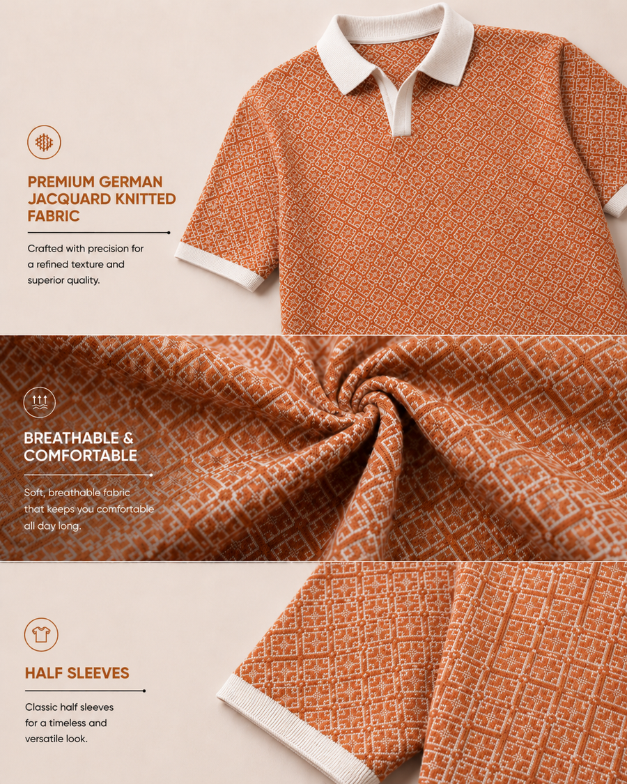 Rust Brown Jacquard Polo T-Shirt for Men
