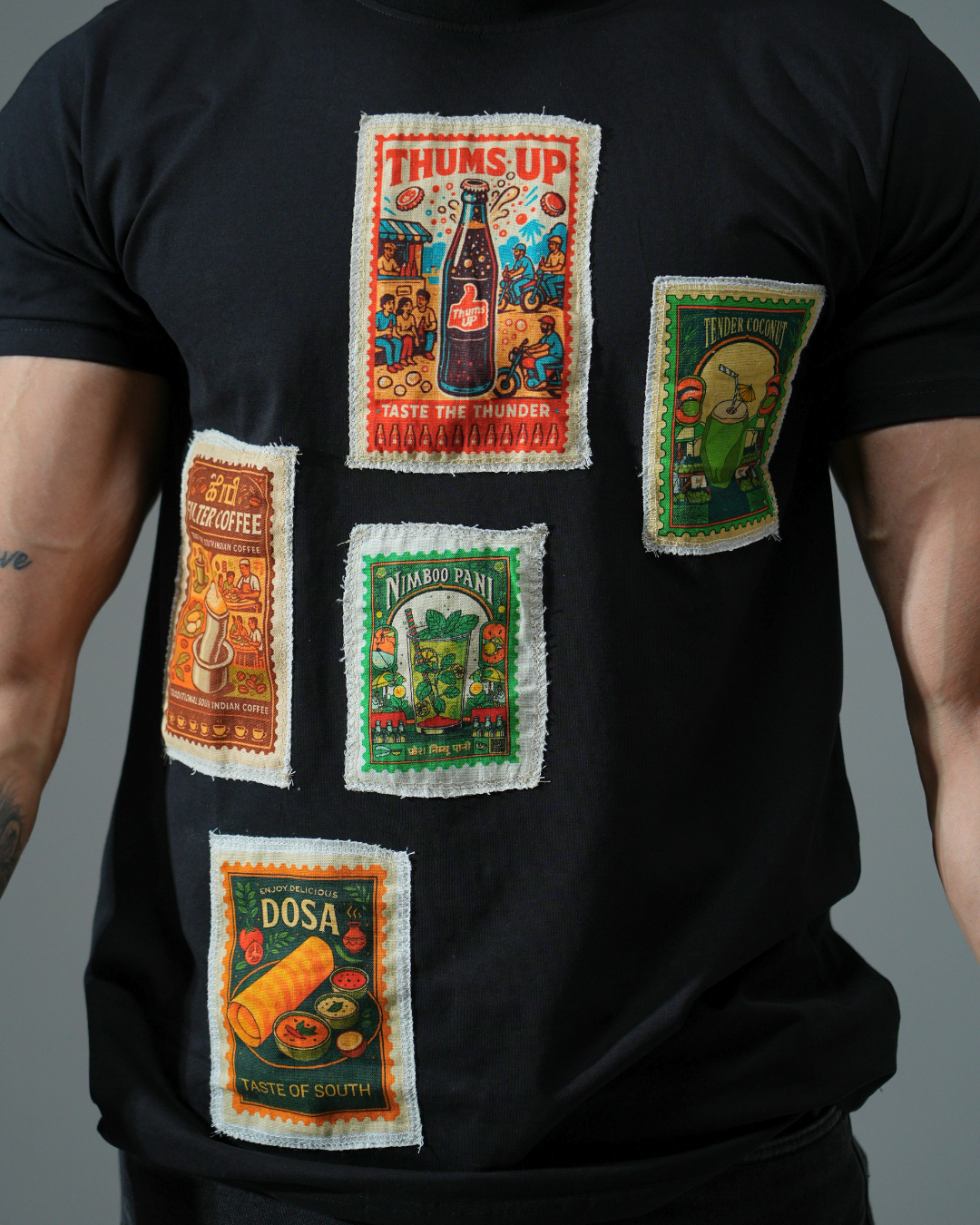 Premium Black Round neck Street Food tshirt with fabric patching