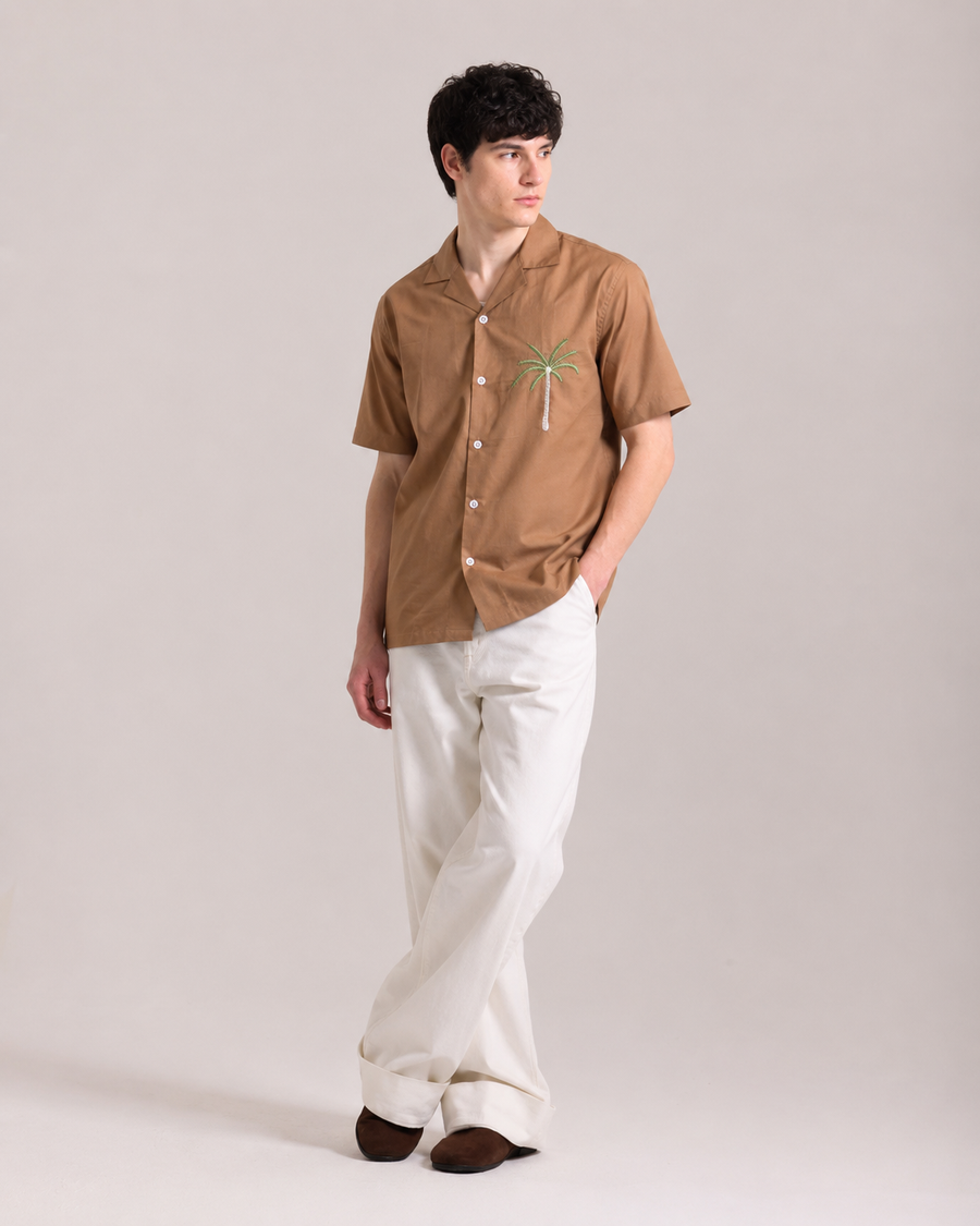 Camel Brown Cuban Collar Shirt for Men