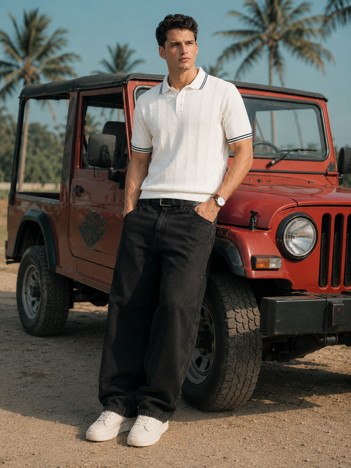 Premium White Knit Polo T-Shirt for Men
