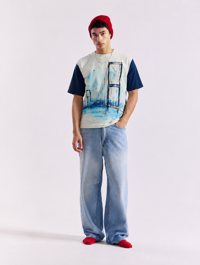 White and Blue Bridge Print Oversized T-Shirt for Men