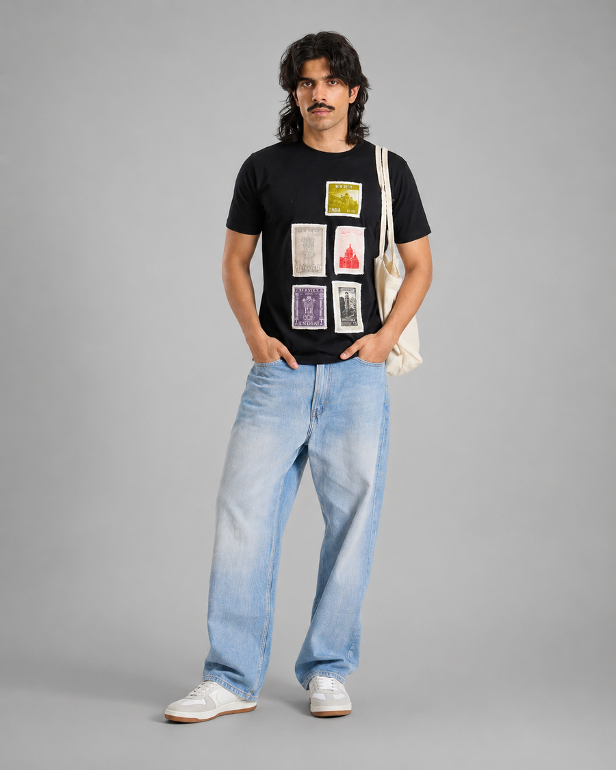 Black Patchwork Cotton T-Shirt for Men