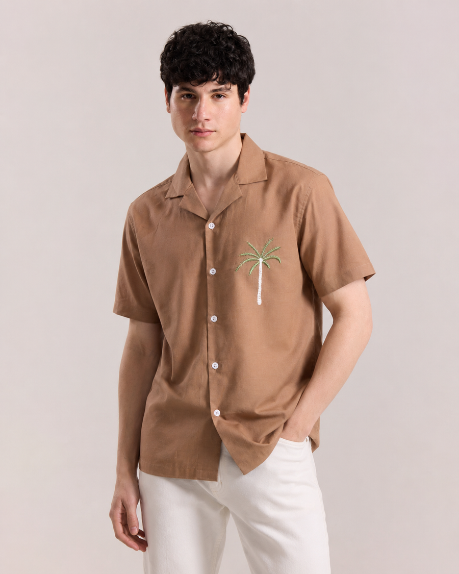 Camel Brown Cuban Collar Shirt for Men