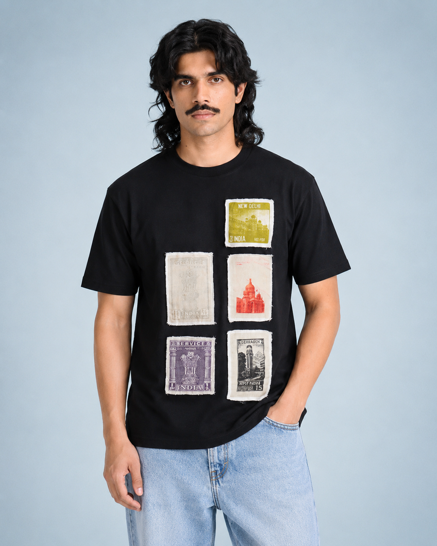 Black Patchwork Cotton T-Shirt for Men
