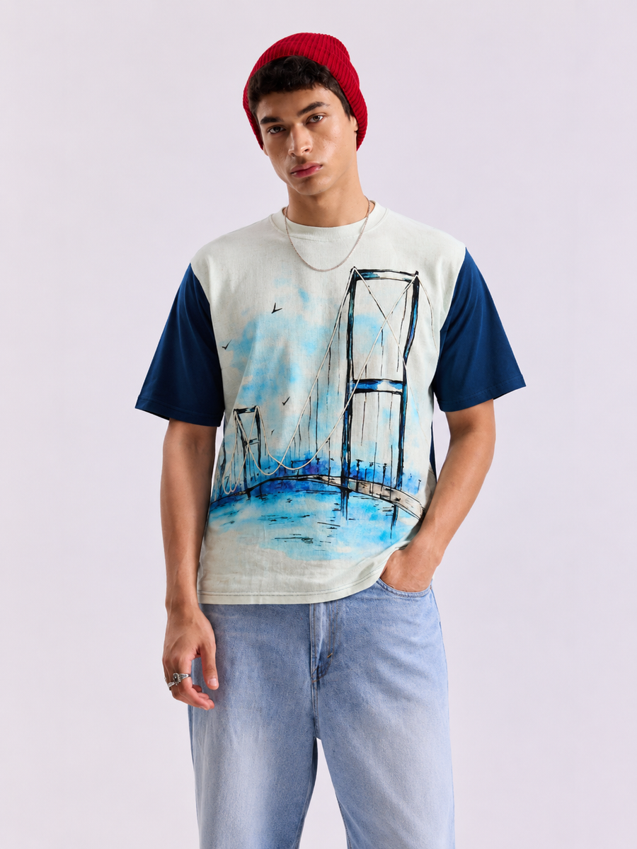 White and Blue Bridge Print Oversized T-Shirt for Men
