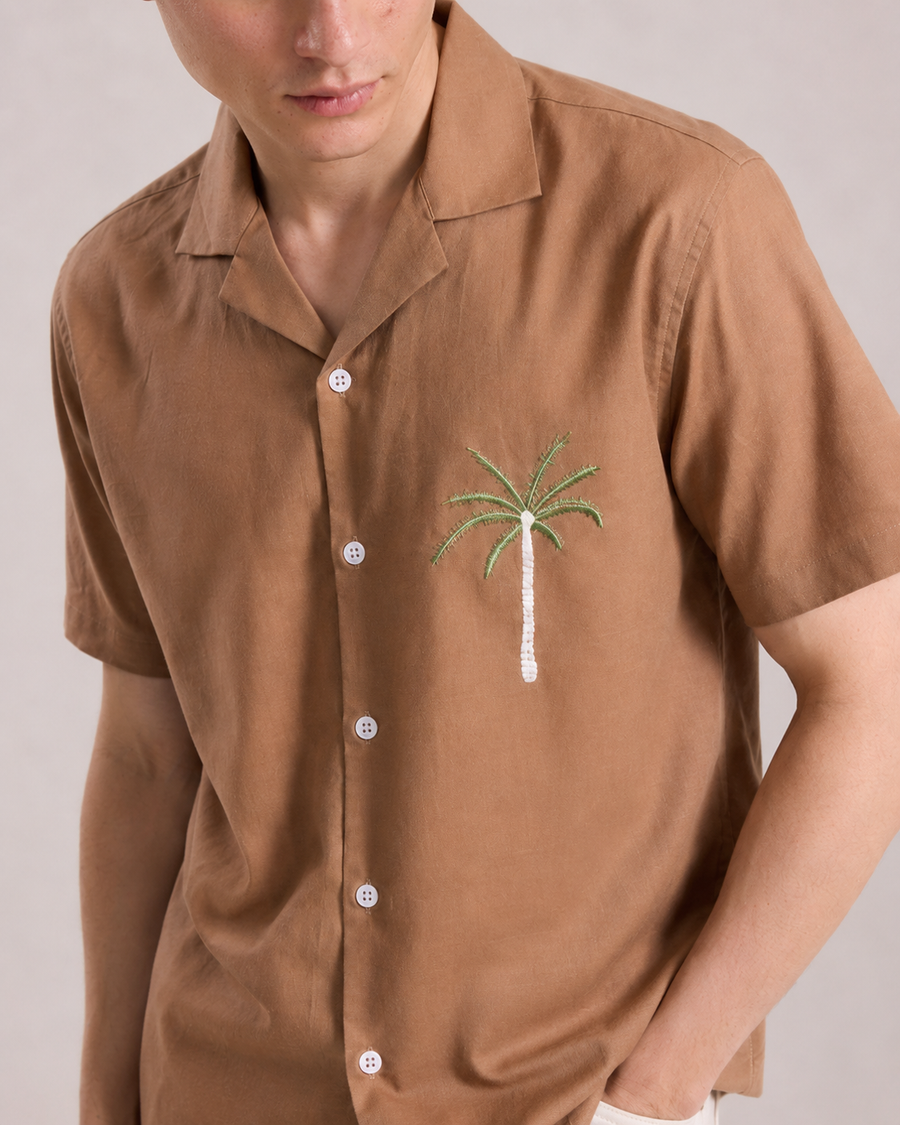 Camel Brown Cuban Collar Shirt for Men