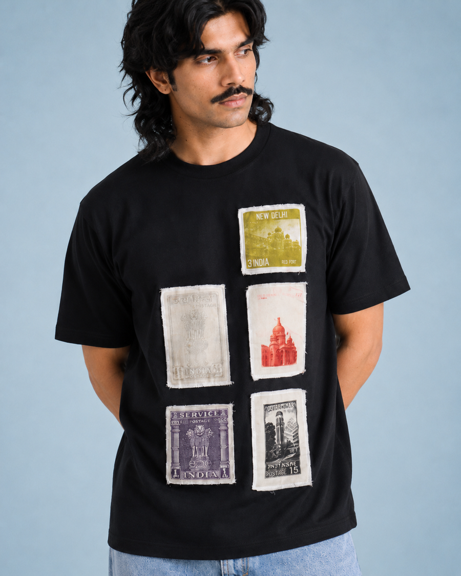 Black Patchwork Cotton T-Shirt for Men