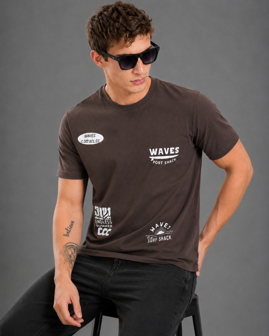 Brown Graphic Cotton T-Shirt for Men
